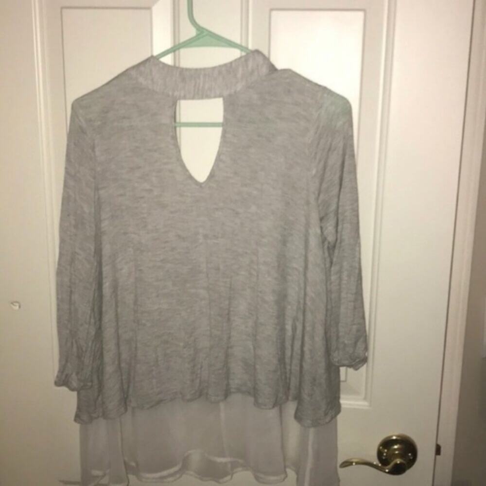HIP Grey Cut Out Long Sleeve Shirt Tiered Layered Blouse Knit Top Small S